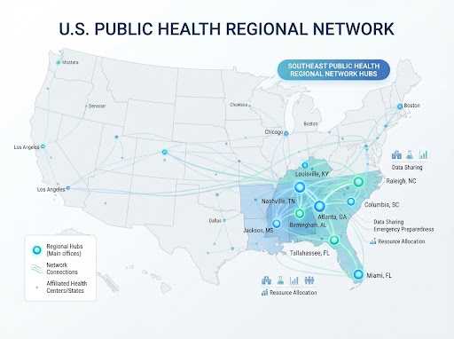 U.S. Public Health Regional Network schematic highlighting Southeast Regional hubs in North Carolina, West Virginia, and partner state jurisdictions